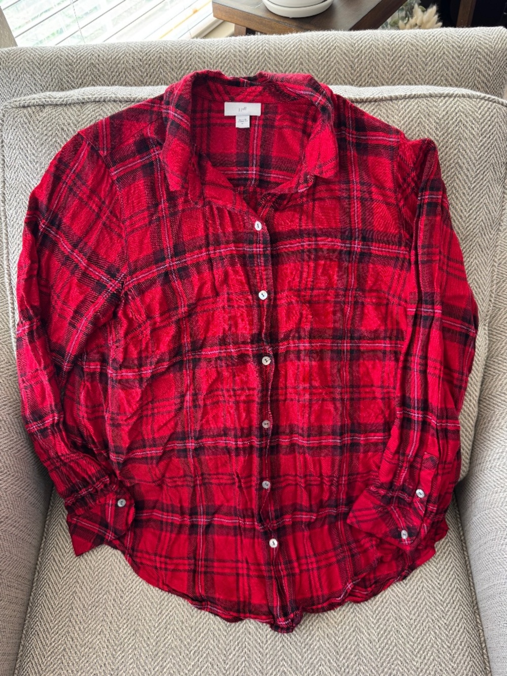 J Jill Everyday Linen Button Down Up Shirt Purple Long Sleeve Top Plaid Red